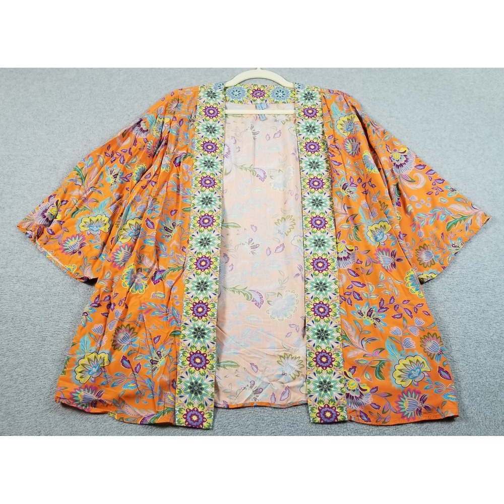Antonio Melani Kimono Women L Large Orange Floral Boho Cardigan Open Front Artsy